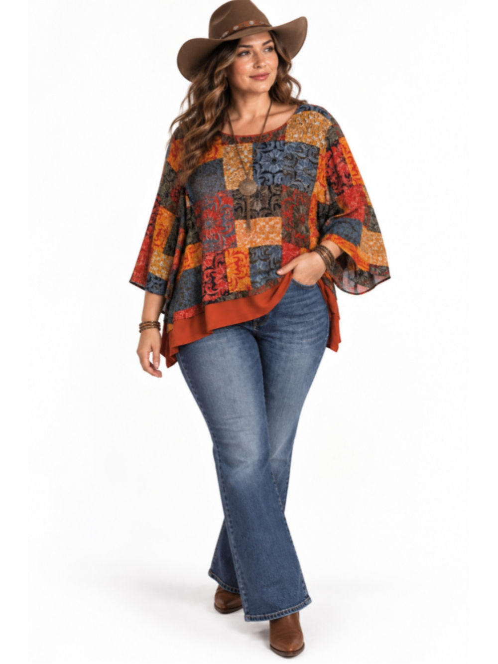 Women's Multiples Patchwork Blouse 1X Orange Multi-color Boho Top